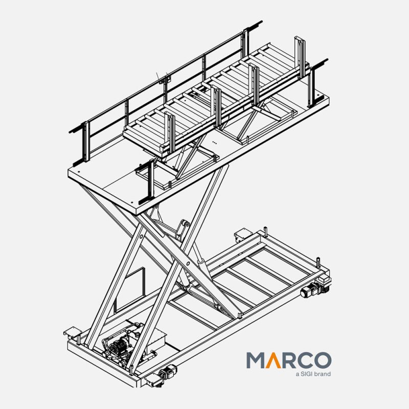 Black-and-white CAD-style drawing of a railbound scissor lift platform with safety rails and upper twin-scissor lift table.